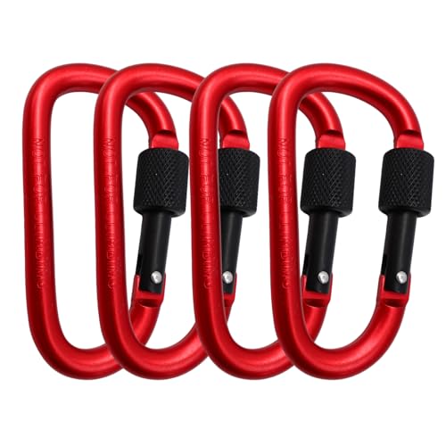 4PCS Red 3inch Locking Carabiner Clips, Made from Aircraft-Grade Aluminum, Strong Climbing with Screw-Gate Lock, Durable Keyring Carabiner Clips for Outdoor, Camping, Hiking