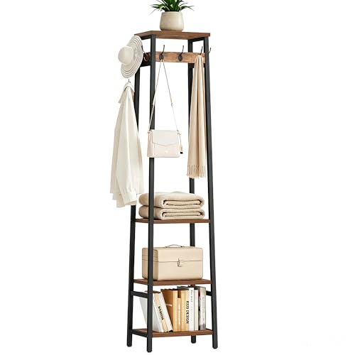 Cerlyunzan Coat Rack Freestanding, Coat Stand with 3 Shelves and 7 Hooks, Hall Tree Free Standing, Clothes Rack Stand Organizer, Industrial Style, Rustic Brown and Black