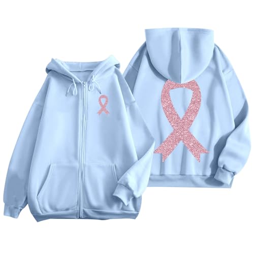 LKRSEEF Octobre Rose Sweat Femme Sweat Octobre Rose Pull a Capuche Veste mi Saison Zippé Foulard Sweats Automne Vetement Chaude Sweatshirts Oversize Sport Sweatshirt Bleu Ciel L
