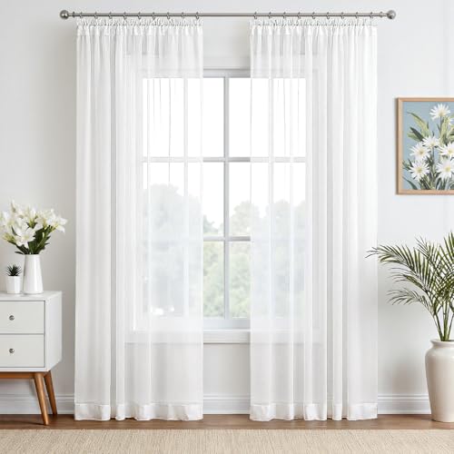EMEMA Gardinen Vorhänge mit Kräuselband Vorhang Transparente Gardine aus Einfarbig Transparent Sheer Voile Wohnzimmer Luftig Dekoschal für Schlafzimmer 2er Set 225 x 140cm (H x B) Weiß