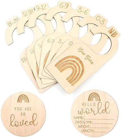 Roseco wooden baby wardrobe dividers, set of 7 dividers & hello world baby sign, Newborn to 24 months, baby clothes dividers, nursery organiser.