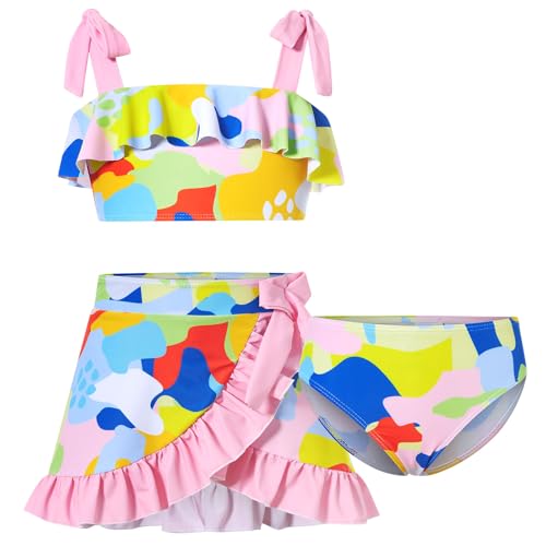 Image of ALISISTER Girls Swimsuit 3 Piece Bathing Suits Flounce Bikini Tankini Set Beach Swimwear with Cover Ups Skirt for 3-8 Years
