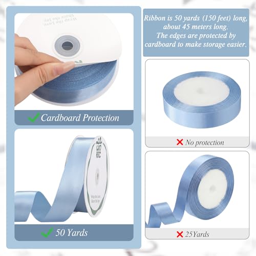 Image of woric Dusty Blue Satin Ribbon 1 Inch 50 Yards Light Baby Blue Ribbon | Gift Wrapping Bows Holiday Decor Sewing Corset Lacing Hair Bows Gift Basket DIY Crafts