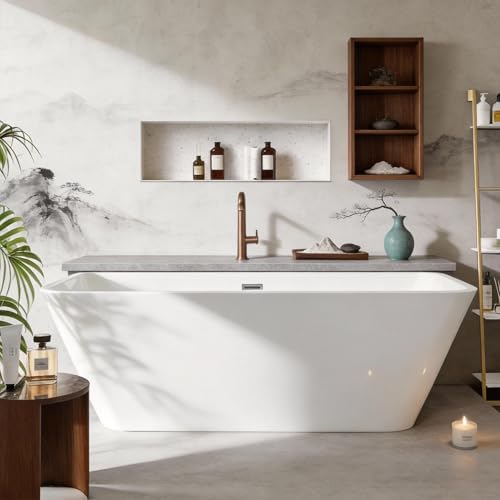 Image of 59'' Acrylic Freestanding Bathtub with Chrome Drain Kit, Contemporary Square Soaking Tub with Overflow and Flexible PVC Drain Pipe, Double-Walled Insulation, cUPC Certified, Glossy White Finish