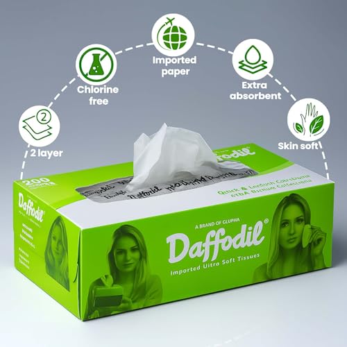 Image of DAFFODIL 2 Ply Facial Tissue Carton (100 Pulls Per Box, 200 Sheets) | Ultra Soft, Strong & Absorbent Face Tissues | Premium Tissue Box for Home, Office, Car & Travel Use