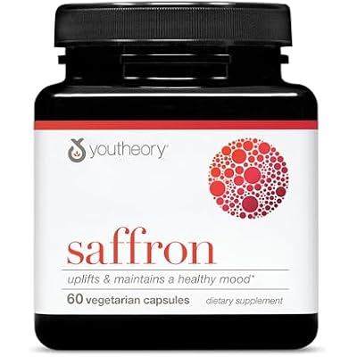 Youtheory Saffron - 60 Capsules (30 Day Supply) - Certified Capsules with Ashwagandha & Rhodiola Rosea - Uplifts & Maintains Healthy Mood* -Supports Focus & Sleep* - Gluten & Sugar-Free Supplement