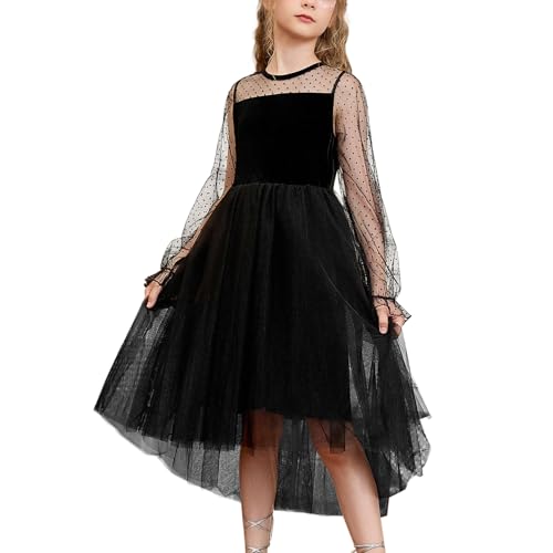 CHILDRENSTAR Girls Mesh Contrast Long Sleeve Velvet Dress Trendy High Low Party Dresses
