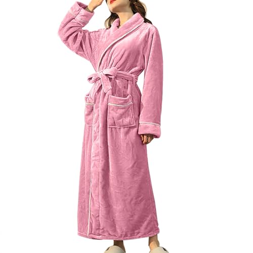 Terrycloth Bathrobes for Women Luxury Plush Fleece Long Bathrobe Fluffy Soft Lightweight Warm Pajamas Sleepwear Full-Length Shawl Collar Comfy Housecoat with Pockets Plus Size Pink