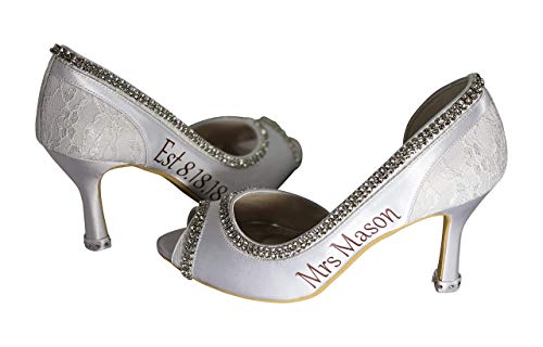 Rose Gold Mrs Last Name & Wedding Date High Heels, Peep Toe Pumps, White or Ivory Bridal Shoes