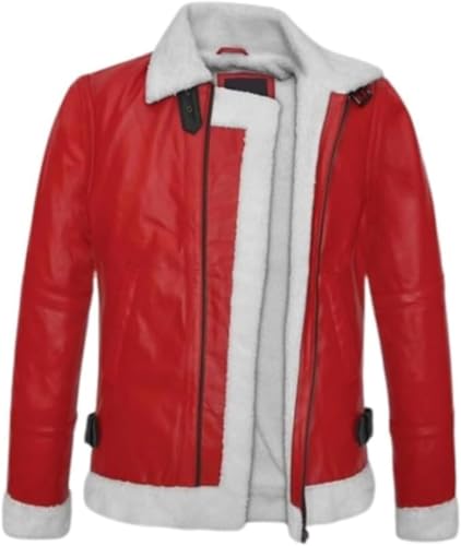 Hide & Seek Men’s B3 Bomber White Fur Spirited Christmas Red Lambskin Leather Jacket – Santa Claus Style Winter Coat3