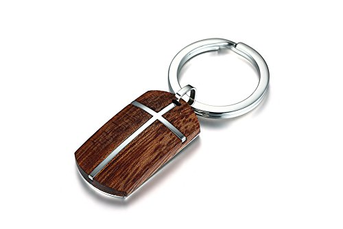 Stainless Steel Hawaiian Koa Wood Christ Cross Crucifix Keychain With Key Ring #TOP2
