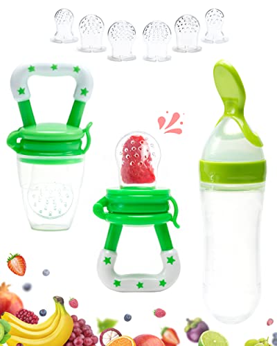 Image of Gedebey Fruit Feeder Pacifier for Babies - 3 Pack | 2 Baby Food Teether Feeder & 1 Baby Spoon Bottle Feeder | Silicone Teether Feeder | Silicone Baby Feeding Spoon | Baby Fruit Pacifier Feeder (Green)