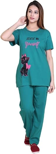 RG Summer Daily Night Wear Cotton Round Neck Printed Half Sleeve Top&amp; Bottom For Women's