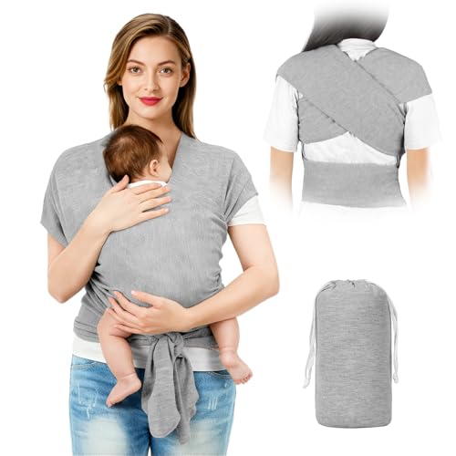 AOOWU Babytrage Tragetuch Baby Neugeborene bis 15 kg - Freihändiges Babytragetuch -Einfach Anzuziehen für Mütter und Väter - Babytrage Multi-Use Babywickel Träger(Hellgrau)
