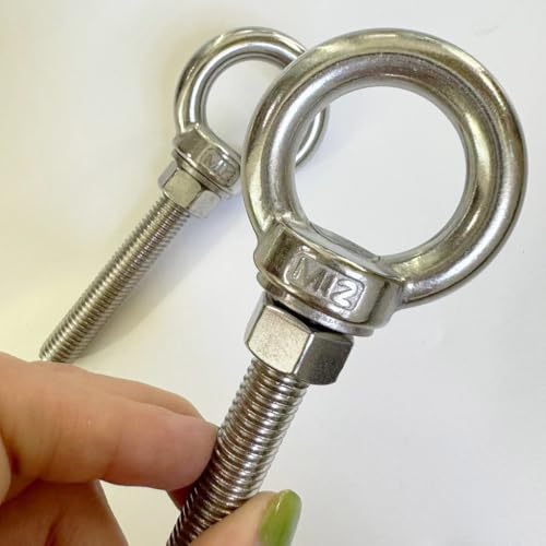 Image of 304 Stainless Steel Shoulder Eye Bolts, 2 PCS M12 Heavy Duty Eye Bolt Lifting Ring 3.15 inch Threaded Eyebolt with Nuts and Flat Washers(Thread Length 80mm) Muti-Function for Indoor Outdoor