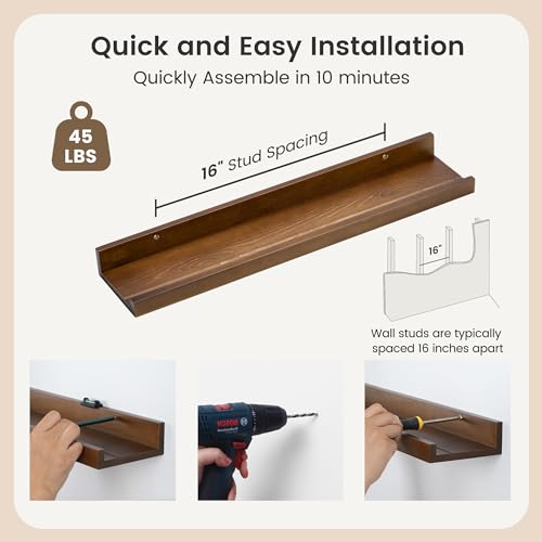 Picture Ledge Wall Shelves 24 inches Width Set of 3, Solid Pine Wood Rustic Floating Ledge Shelves for Wall for Kids\' Room Bedroom Kitchen Bathroom Living Room Nursery Display Wall Decor, Walnut