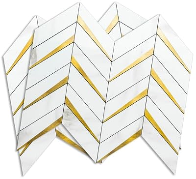 DICOFUN 10-Sheet Herringbone Tile Peel and Stick Backsplash, Polished White Marble PVC Mixed Metal Gold Stick on Backsplash for Kitchen and Bathroom Wall