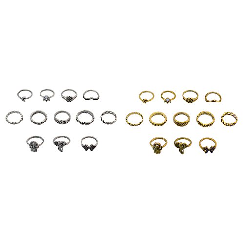 Homyl Conjunto de 12 peças de anel feminino vintage Bohemian Moon Elephant Fatima Midi para presente