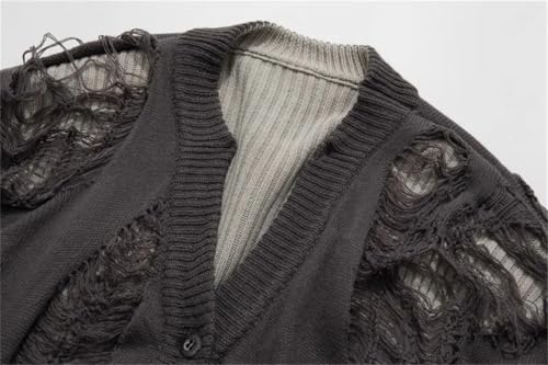 Men Fake Two Pieces Hole Long Sleeve Sweaters Knit Y2k Hollow Design Knitwear Sweaters3