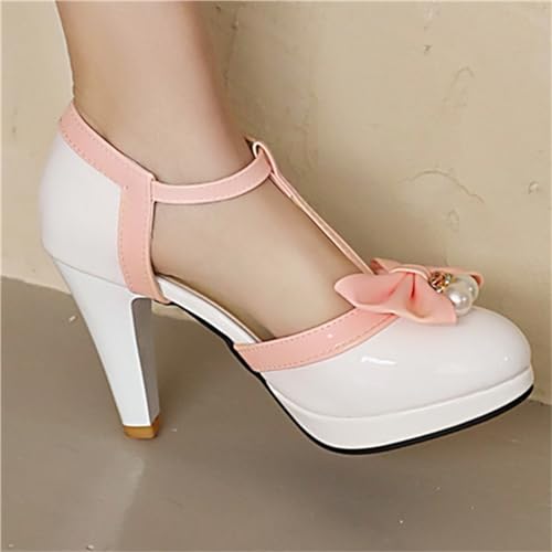 Image of Elbslutt Women's Cute Retro Rockabilly Shoes T Strap Mary Janes Heels Chunky Cosplay Shoes Sweet Block Heeled Bow Pumps