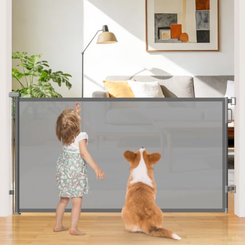 Image of 42 inch Extra Tall Retractable Baby Gates, 76 inch Wide Dog Gate for Stairs | Mesh Gate Indoor Outdoor for Doorways Deck Kitchen, Long Safety Gate for Child Toddler, Prevent Pet from Jumping Over, Grey
