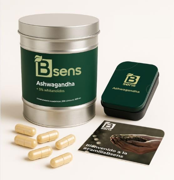 Ashwagandha 600mg con 5% Whitanólidos, 200 Cápsulas Vegetales, Envase de Aluminio Reutilizable con Pajita de Acero y Caja Deslizante, Bsens