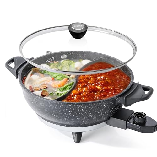 SENSCHEF TWIN™ Electric Hot Pot with Divider | EvenHeat Cast Aluminum Non-Stick Pot for No-Spot Cooking | 1500W Fast Heating | Dual-Flavor Shabu Shabu Pot for | 1-Yr Warranty | Granite Black