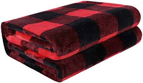PiccoCasa Plaid Flannel Fleece Throw Blanket,Checkered Fiery Red Soft Blankets and Throws,Plush Lightweight Decors Blanket for Couch Sofa Traveling,50" x 60", Scarlet+Black