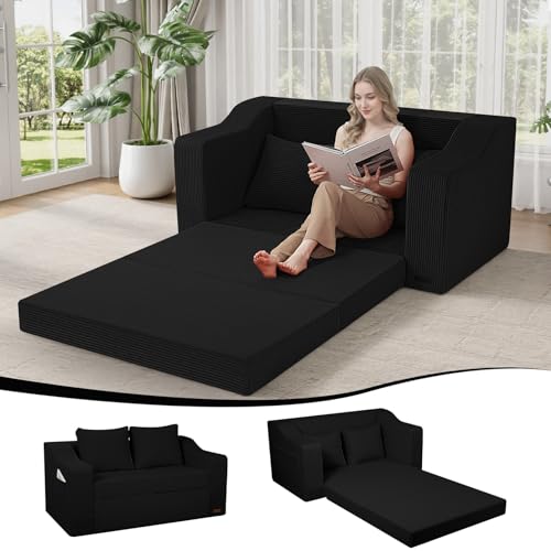 MeMoreCool 2-in-1 Schlafsofa, Ausziehbares Loveseat-Sofa, Faltbare Matratze und Schlafsessel, Corduroy-Schlafcouch für Schlafzimmer, Wohnzimmer & Lounge, Klappsofa mit Kissen, Schwarz