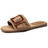 Rihero Raffia Flat Sandals for Women Slip On Beach Slides Square Toe Summer Buckle Fashion Woven Sandals Dark Brown Size 8.5