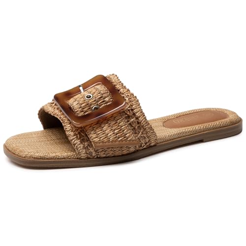 Rihero Raffia Flat Sandals for Women Slip On Beach Slides Square Toe Summer Buckle Fashion Woven Sandals Dark Brown Size 8.5