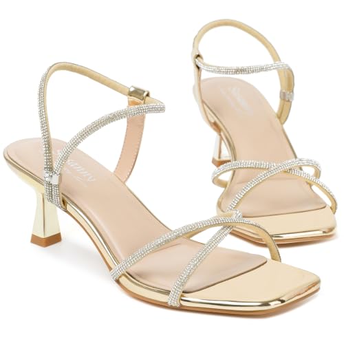 Image of Susanny Women's Closed Toe Rhinstone Wedding Low Heel Slingback Clear Kitten Heels,Adjustable Strap Pointed Toe Bow Pumps High Heeled Prom Dress Shoes