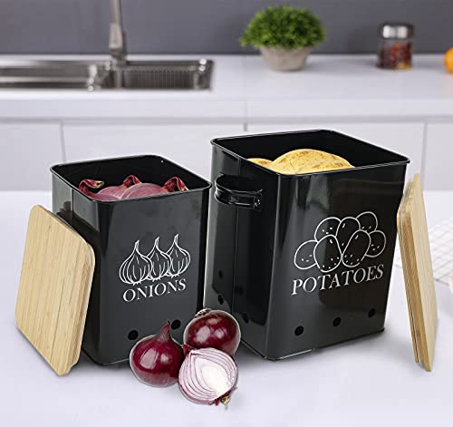Image of Kitchen Vegetable Storage Tins Set of 2, Onion and Potato Storage Bins with Wooden Lid and Aerating Holes, Garlic Bin Caddy, Vintage Kitchen Decor, Black