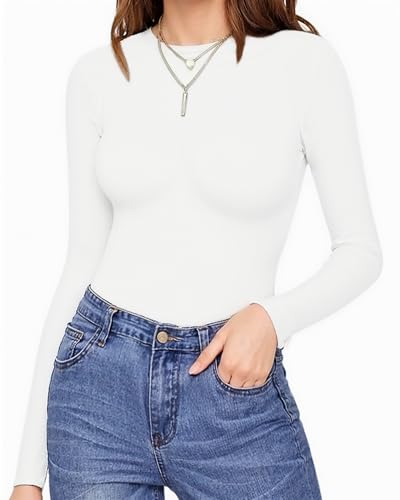 Image of Mangopop Women' Long Sleeve Ribbed Bodysuit Jumpsuits