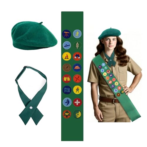 TUVWYSZ Scout Costume Set Scout Uniform Accessories Set Green Beret and Sash with Merit Badge Display Traditional Style Youth Organization Gear