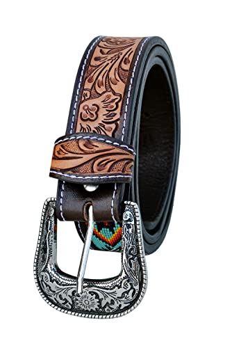 Western Beaded Leather Belt Tooled belt Unisex with Removeable Buckle 30AB0023