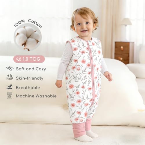 Image of Chilsuessy Toddler Sleep Sack with Feet 2-3 T, 1.0 TOG Cotton Baby Wearable Blanket with Legs, Sleep Bag Walker with 2-Way Zipper, Flower