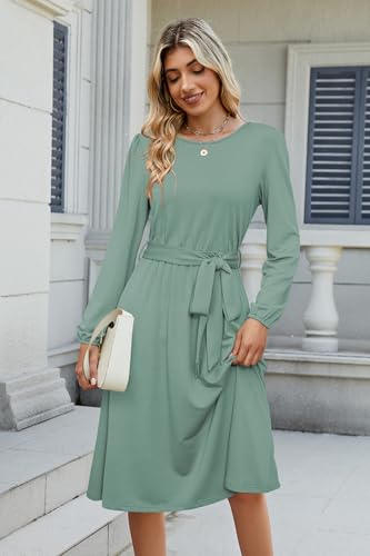 Image of Newshows Womens Long Sleeve Casual Dresses 2025 Business Work Teacher Fall Church Belted A Line Flowy Midi Dress
