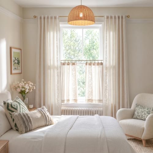 Image of jinchan Ivory Floral Linen Curtains for Living Room 108 inch Back Tab 2 Panels