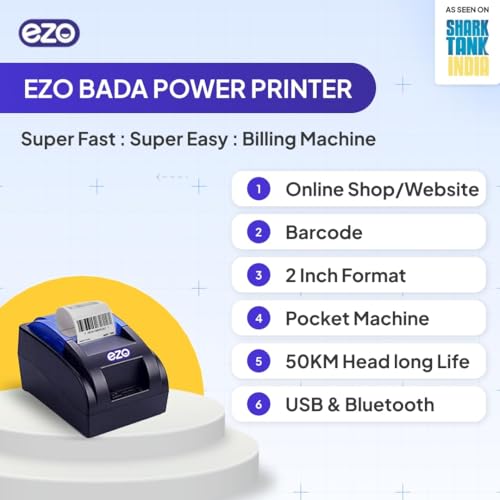 Image of EZO 58mm 2 Inch Wired Printer + Software Subscription Direct Thermal Billing Machine with USB & Bluetooth Connectivity, Software Subscription (60 Months) | 5 Rolls & QR Review Stand Included