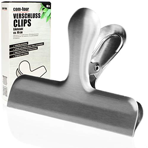 COM-FOUR® 10x Clip di chiusura grandi, clip di bloccaggio per sacchetti di cibo, clip di bloccaggio in acciaio inossidabile (10 pezzi - color argento - grandi)