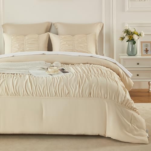 Image of Ruched Ruffle Comforter Set Queen - 3 Piece Wheat Checkered Bedding Set - Aesthetic Cottagecore Ruffled Farmhouse Comforter with 2 Pillow Shams - Soft, Lightweight All Season Bedding (90 inchx90 inch)