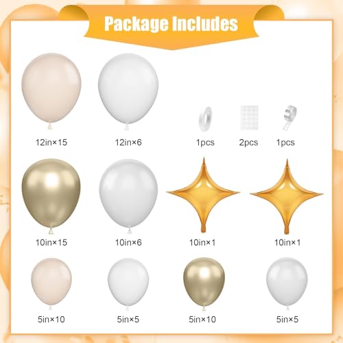 Image of Cream White Gold Balloon Arch Kit, Beige Balloon Garland for Baby Shower | Nude beige, cream white and champagne gold balloons with clear and star foil accents for boho birthday, shower and wedding