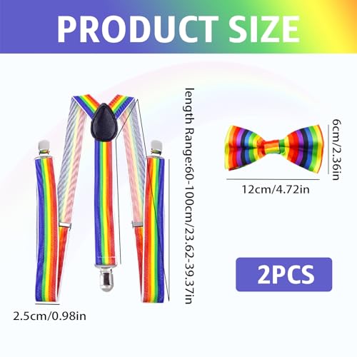 Lpolkvemelh 2 Stück Kinder Hosenträger Fliege Sets, Elastische Y-Form Hosenträger Verstellbar mit Regenbogen Streifen Accessoire für Arbeitshosen Skihose Motoradhose Fest lustig Jungen und Mädchen