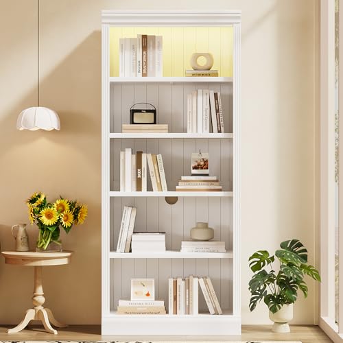 Image of 5-Shelf Bookcase with Light Strip, Bookshelves Floor Standing Display Storage Shelves 83.4 in Tall Bookcase Home Decor Furniture for Home Office, Living Room, Bed Room - White