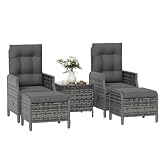 UDPATIO Rattan Gartenmöbel Set 5-teilig mit Verstellbaren Sessel, Fußhocker und Couchtisch, Lounge Möbel Outdoor Set, Balkonmöbel Kleiner Balkon, Wetterfest Terrassenmöbel, Dunkelgrau