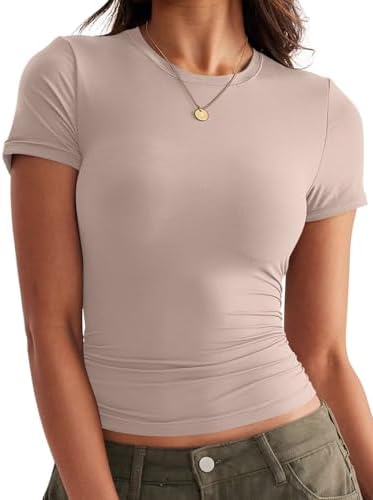 Womens Double Lined Tops Crewneck Short Sleeve Tees Basic Slim Fi...