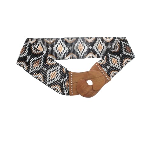Handmade Black Elastic Beaded Bali Belt - Wooden Buckle for Womens - Stretchy, Fashionable Waist Accessory for Women
