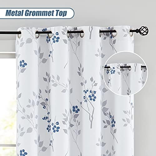 Beauoop Botanical Print Bedroom Curtains 95 Inches Long 95% Blackout Window Curtain Panels Floral Thermal Insulated Drapes Leaf Eyelet Top Window Treatment, 50 x 90 Inch, White/Blue/Grey (2 Panels)
