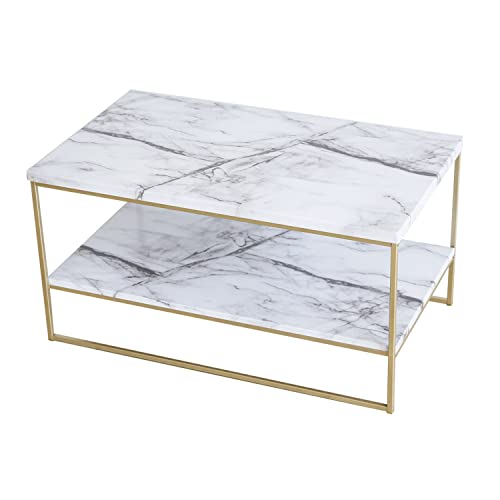Roomfitters Marble Coffee Table, Center Table For Living Room, Cocktail Table With Storage (2-Tier, Rectangle, White Marble Print) #TOP7